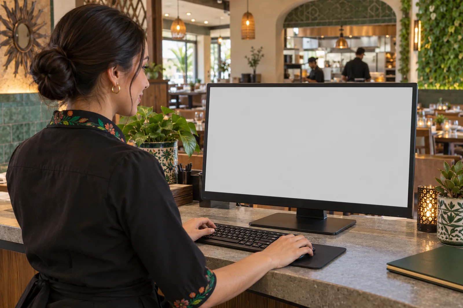 Anfitriona trabajando frente al monitor en un restaurante. Pantalla: Punto de venta.